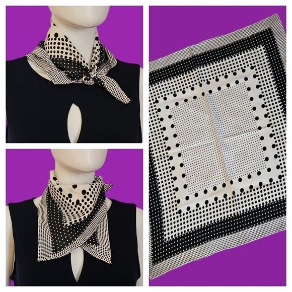 Vintage Accessories - Vintage Handmade Retro Polka Dot Monochrome Square Scarf